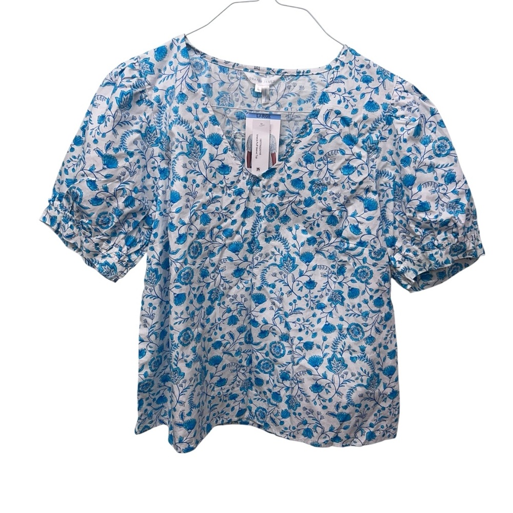 NWT Draper James Floral Blue V- Neck Puff Sleeve Women's Top 100% Cotton Size L